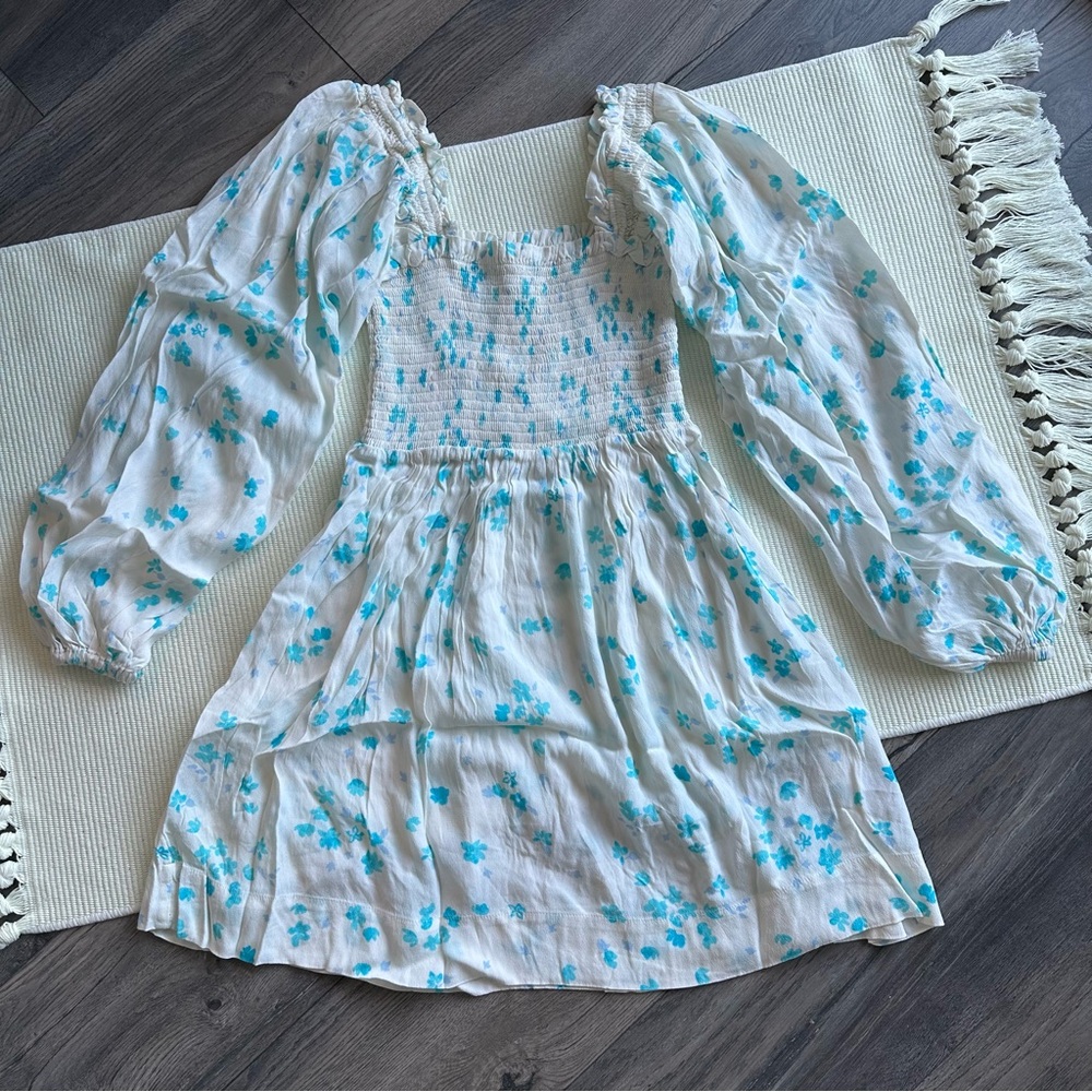 GANNI Shirred Crepe Floral White Mini Dress